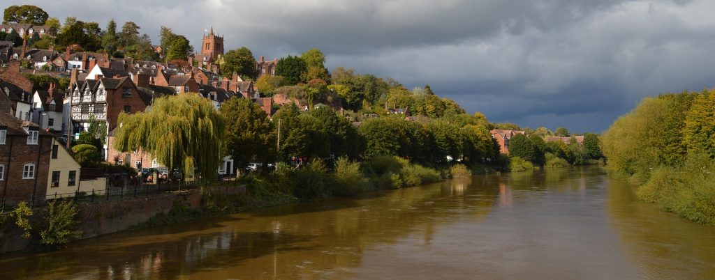 A view of Bridgnorth, Shropshire — High Town rooftops above the River Severn